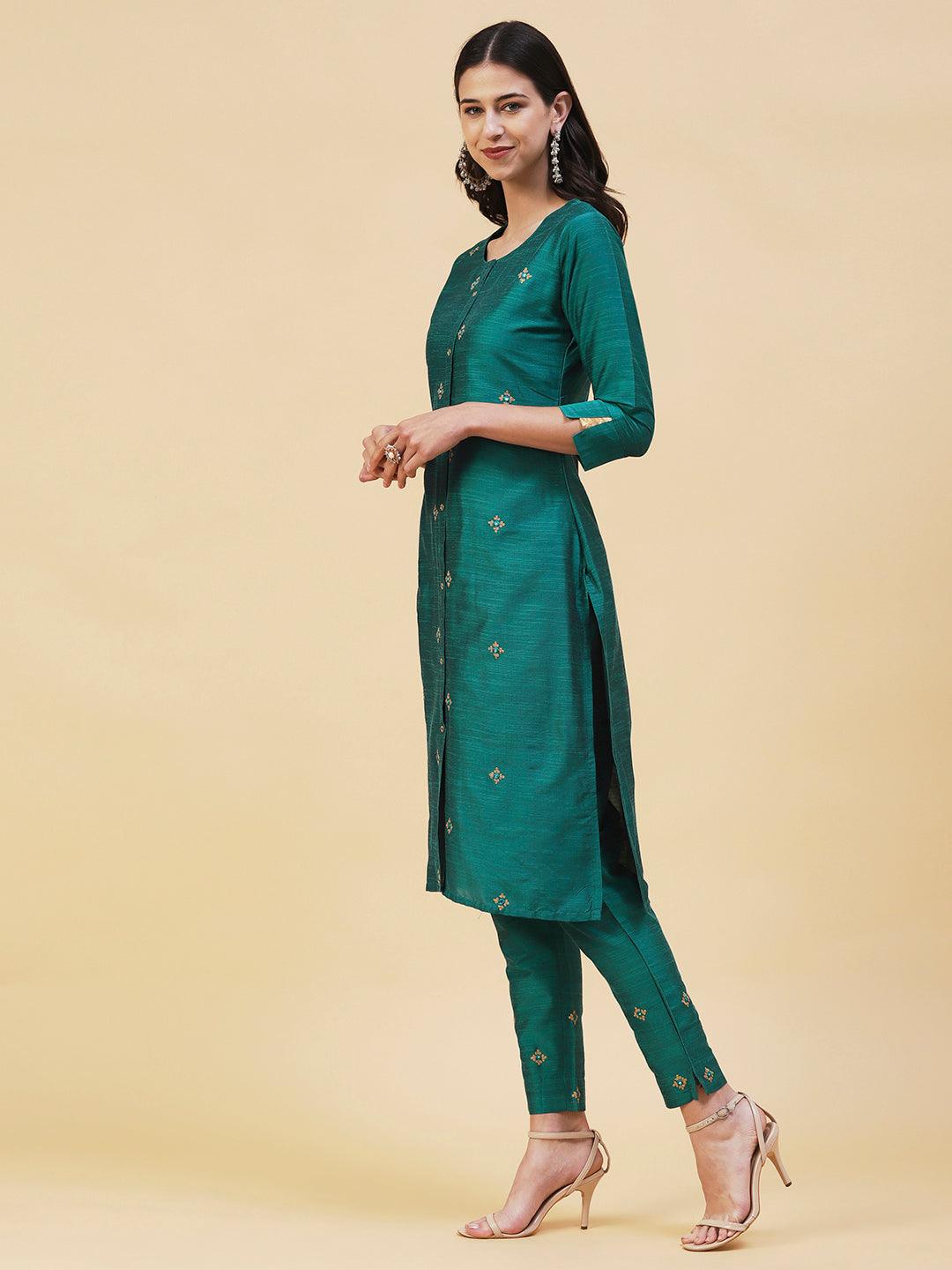 Solid Ethnic Embroidered Straight Fit Kurta with Pant - Green - Indiakreations