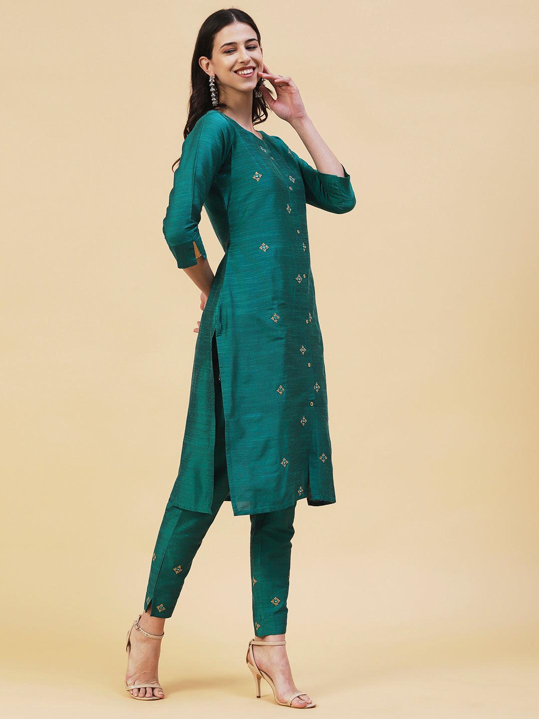 Solid Ethnic Embroidered Straight Fit Kurta with Pant - Green - Indiakreations