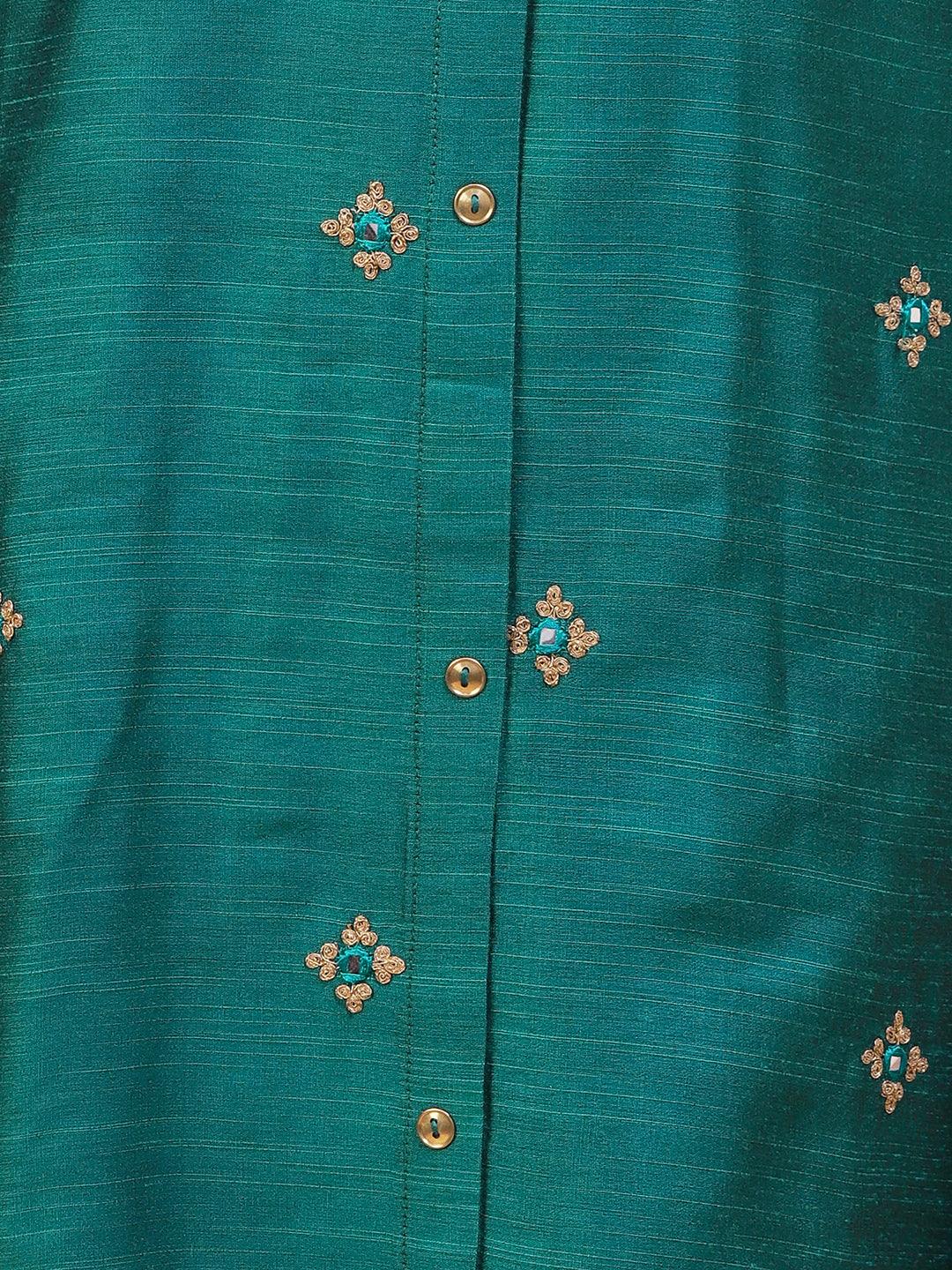 Solid Ethnic Embroidered Straight Fit Kurta with Pant - Green - Indiakreations