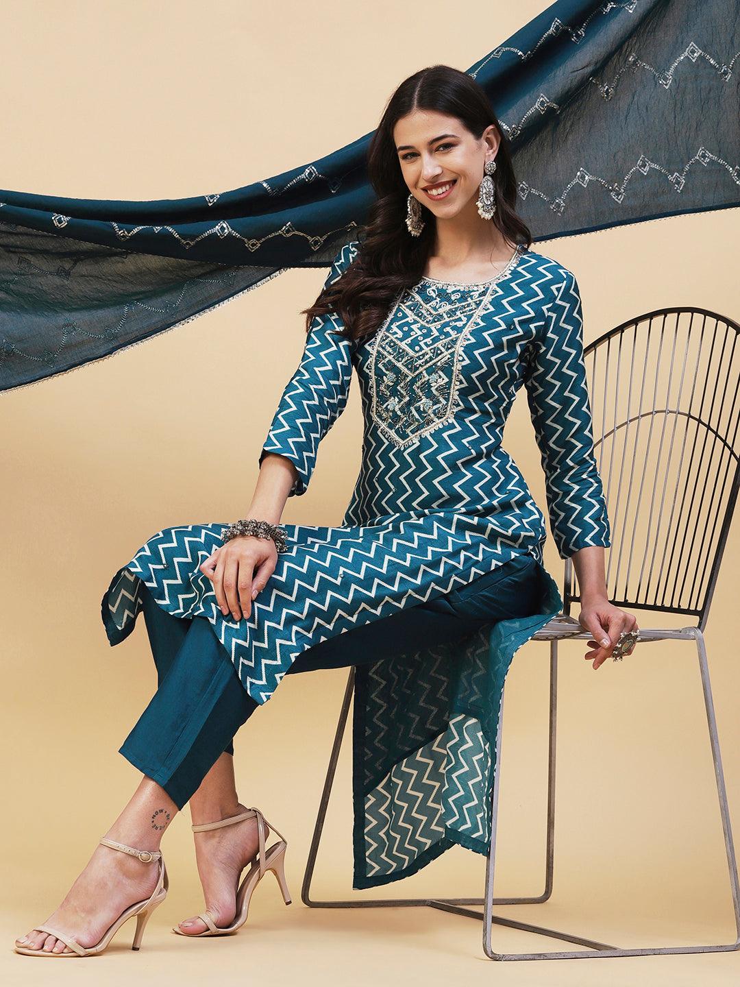 Chevron Printed & Hand Embroidered Straight Kurta with Pant & Dupatta - Teal Blue - Indiakreations