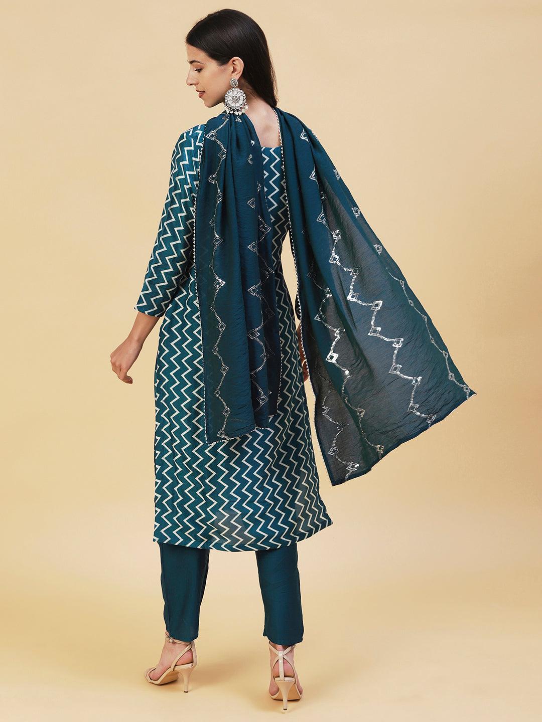 Chevron Printed & Hand Embroidered Straight Kurta with Pant & Dupatta - Teal Blue - Indiakreations