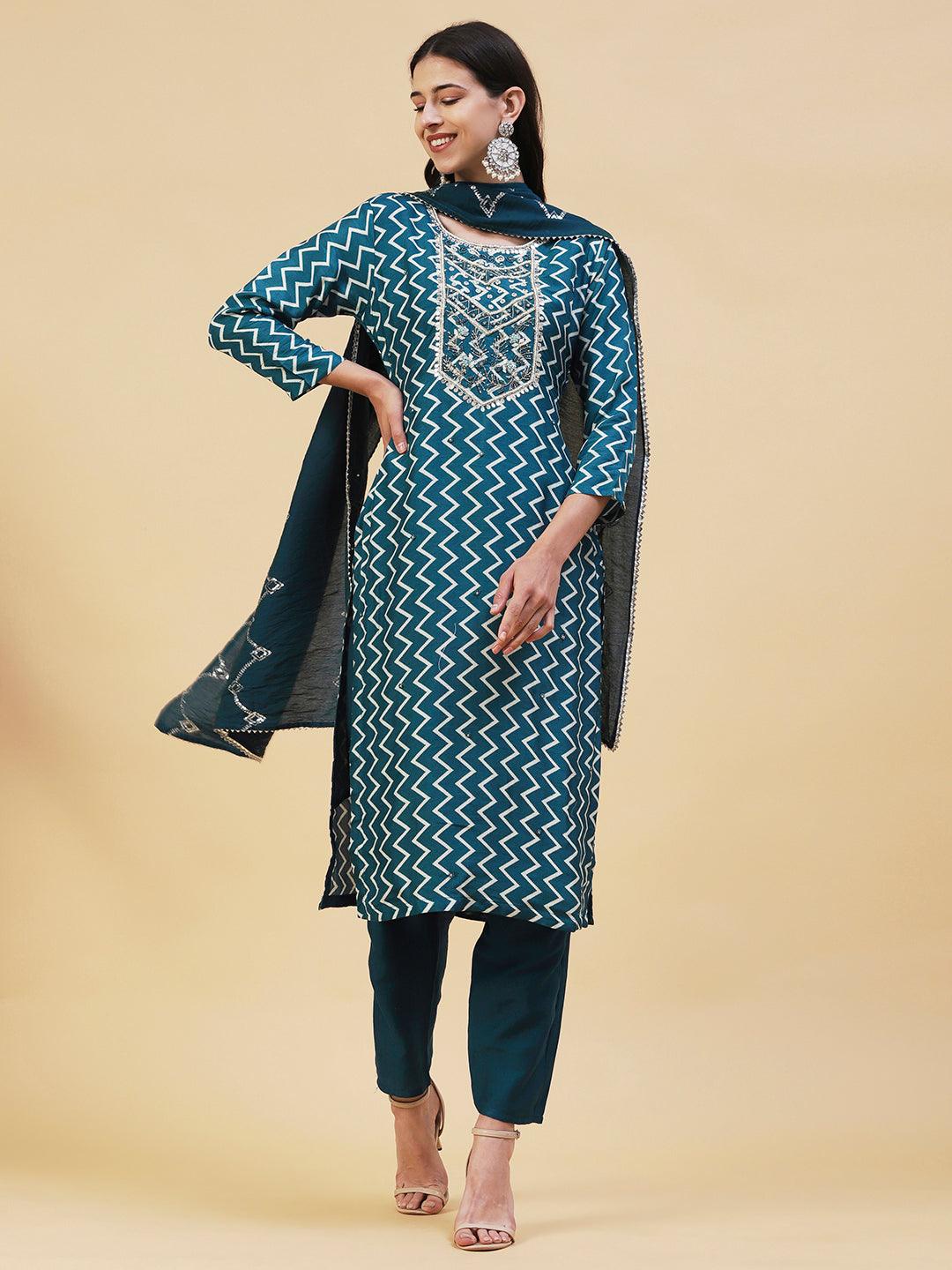 Chevron Printed & Hand Embroidered Straight Kurta with Pant & Dupatta - Teal Blue - Indiakreations