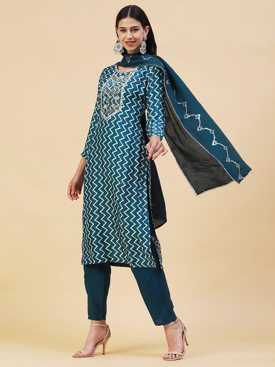 Chevron Printed & Hand Embroidered Straight Kurta with Pant & Dupatta - Teal Blue - Indiakreations