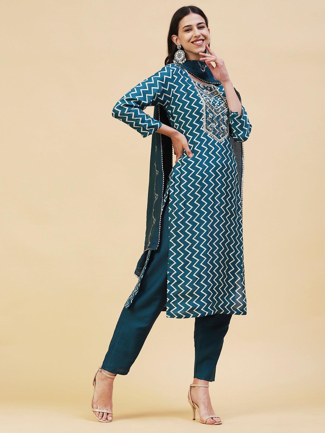 Chevron Printed & Hand Embroidered Straight Kurta with Pant & Dupatta - Teal Blue - Indiakreations