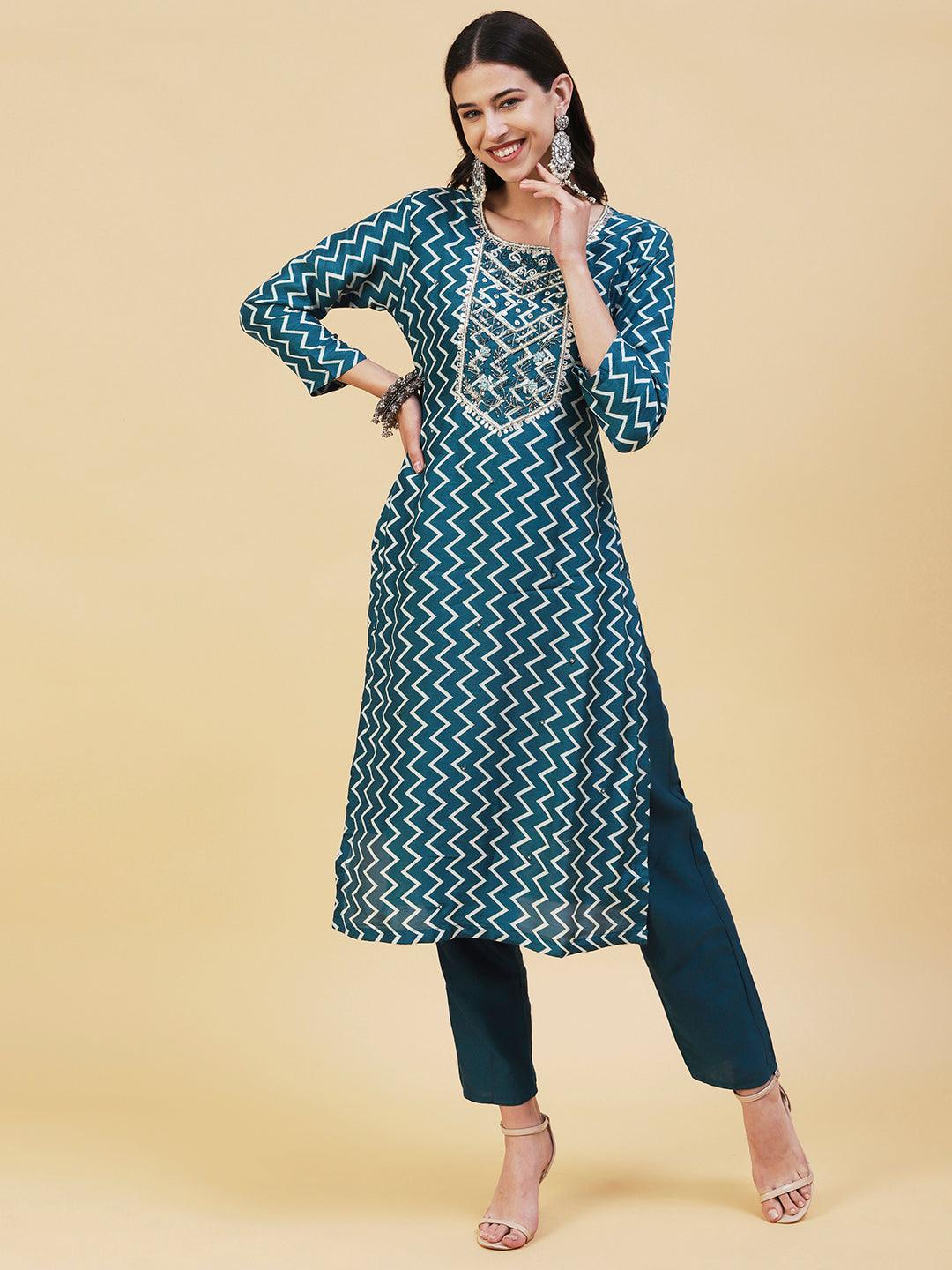 Chevron Printed & Hand Embroidered Straight Kurta with Pant & Dupatta - Teal Blue - Indiakreations