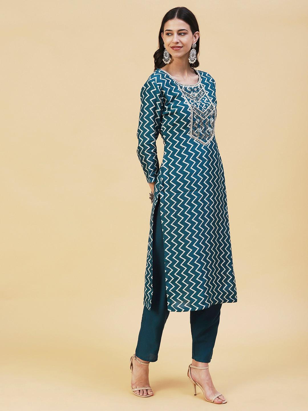 Chevron Printed & Hand Embroidered Straight Kurta with Pant & Dupatta - Teal Blue - Indiakreations