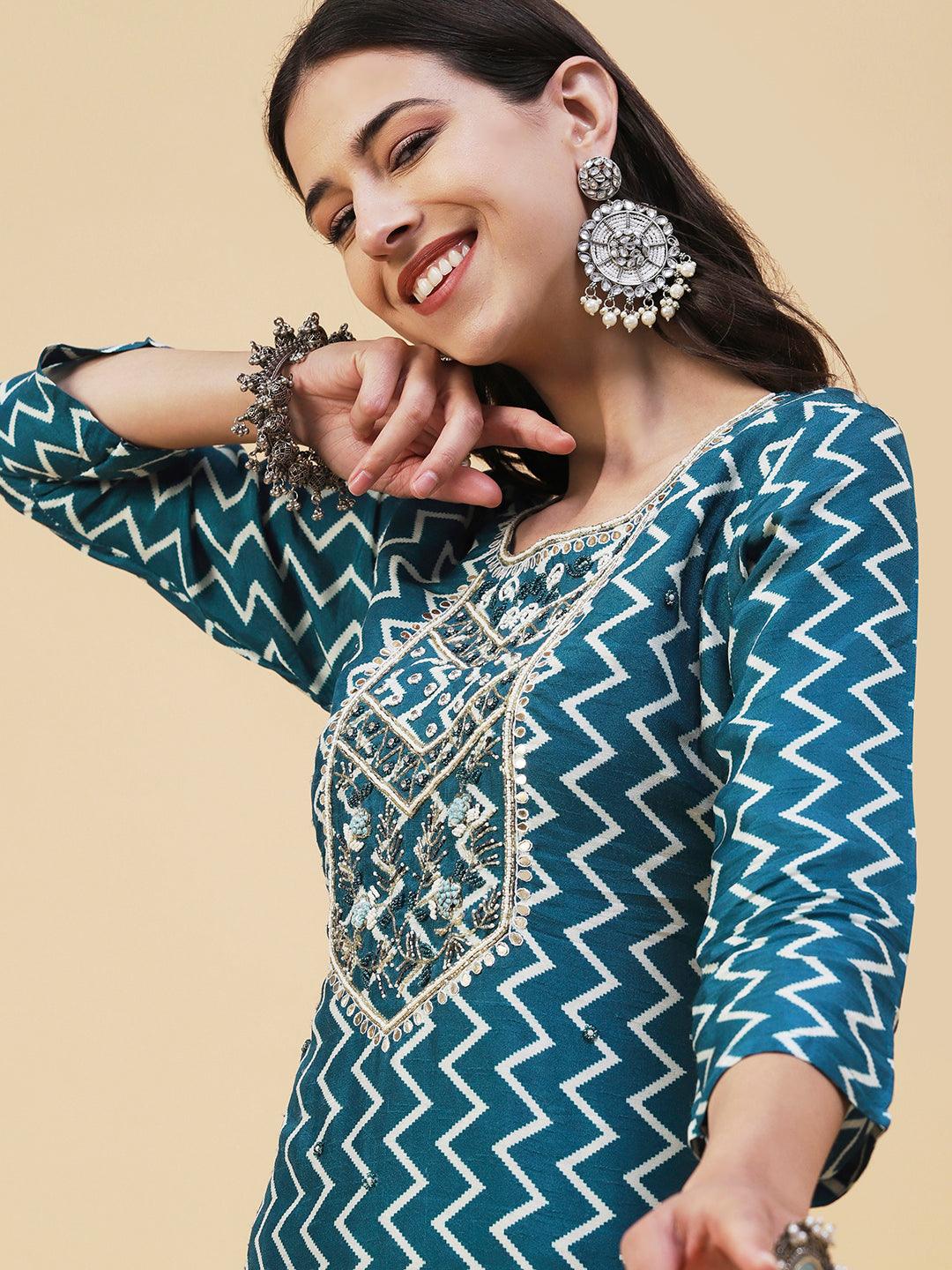 Chevron Printed & Hand Embroidered Straight Kurta with Pant & Dupatta - Teal Blue - Indiakreations