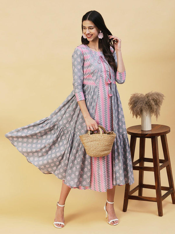 Chevron Printed A-Line Midi Dress with Long A-Line Jacket - Multi - Indiakreations