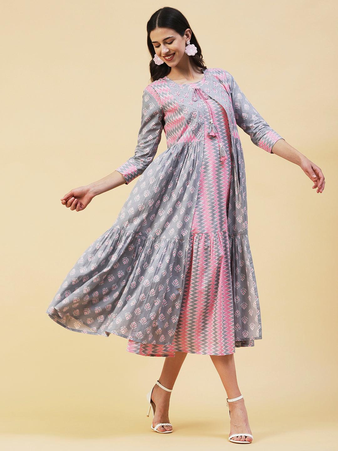 Chevron Printed A-Line Midi Dress with Long A-Line Jacket - Multi - Indiakreations