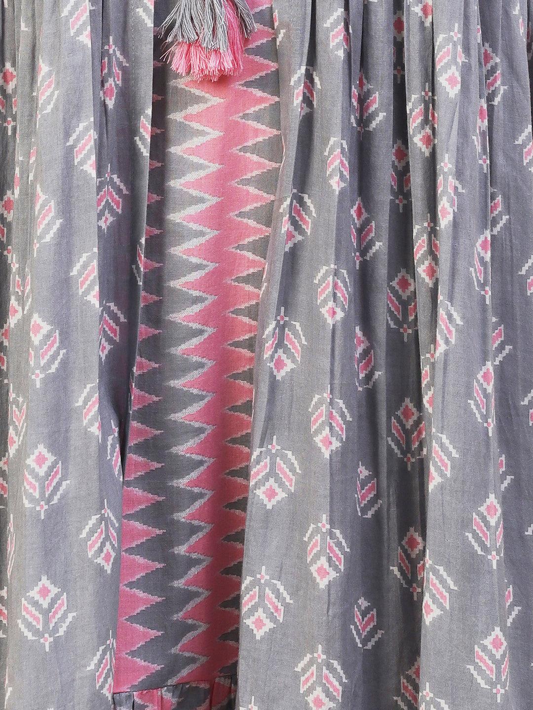 Chevron Printed A-Line Midi Dress with Long A-Line Jacket - Multi - Indiakreations