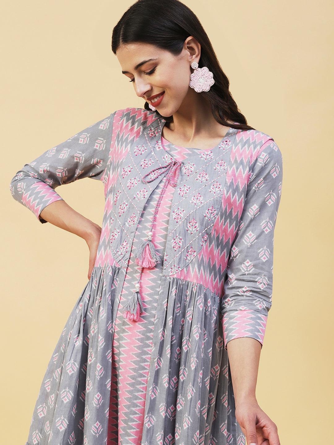 Chevron Printed A-Line Midi Dress with Long A-Line Jacket - Multi - Indiakreations