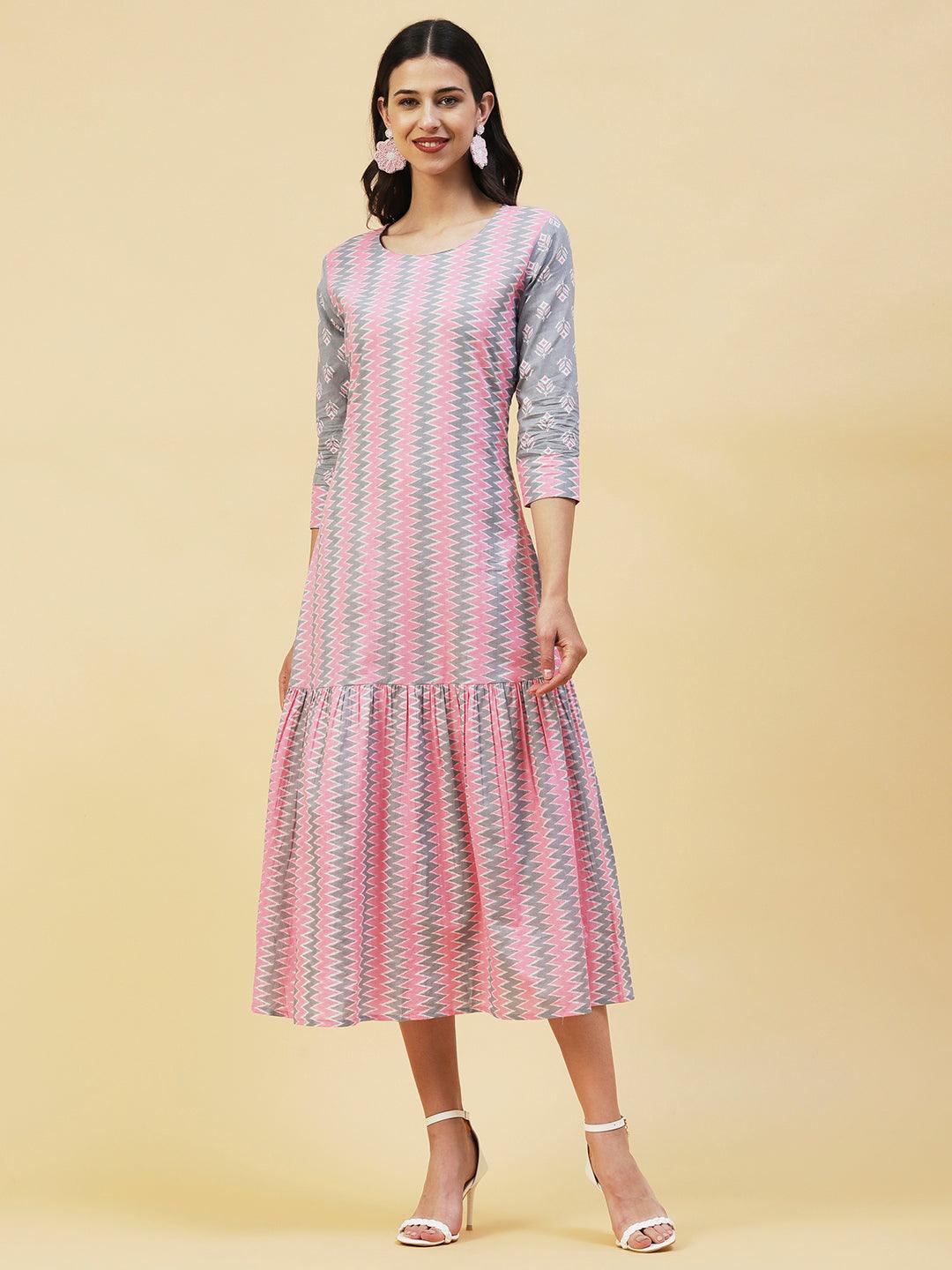 Chevron Printed A-Line Midi Dress with Long A-Line Jacket - Multi - Indiakreations