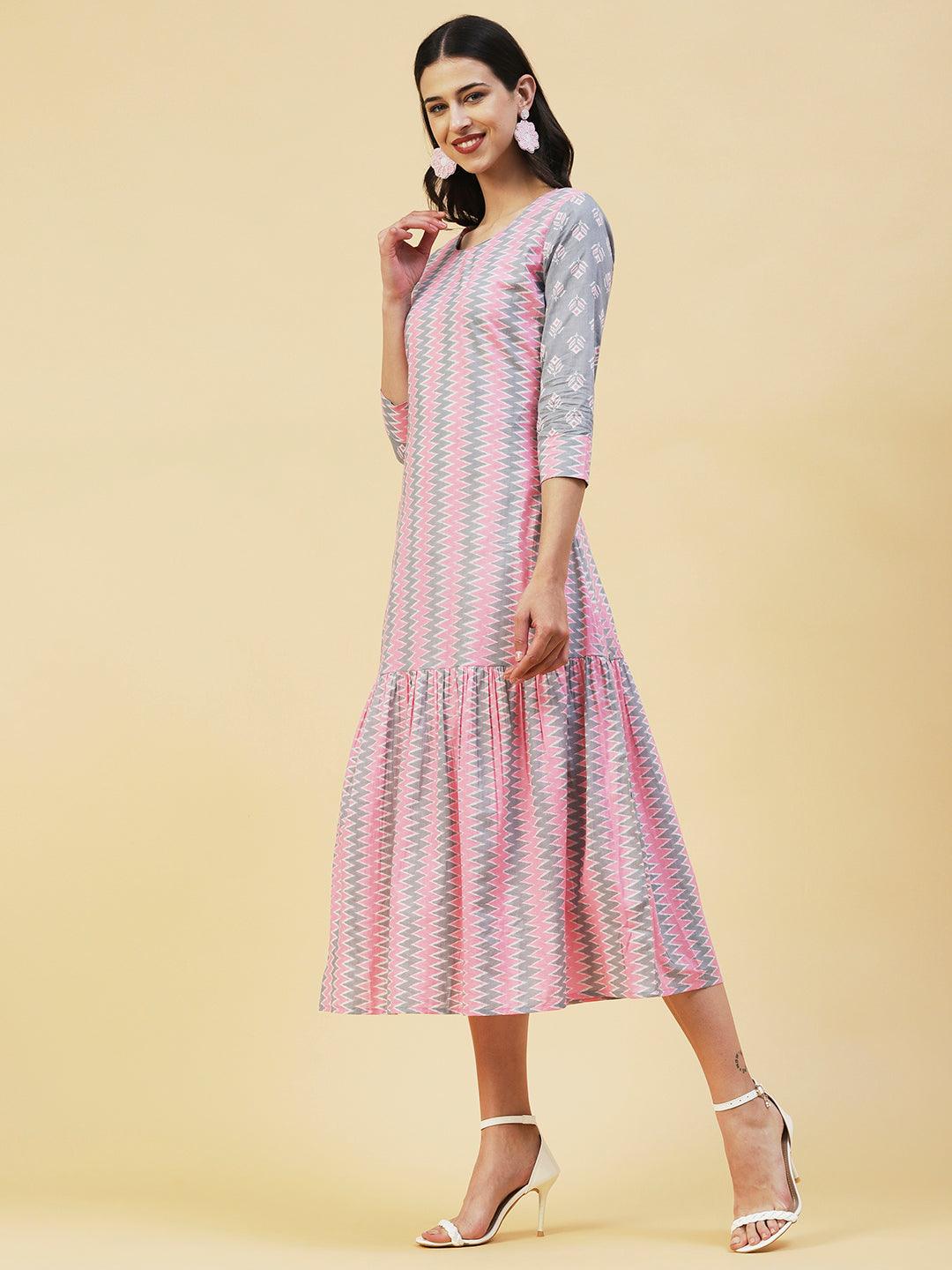 Chevron Printed A-Line Midi Dress with Long A-Line Jacket - Multi - Indiakreations