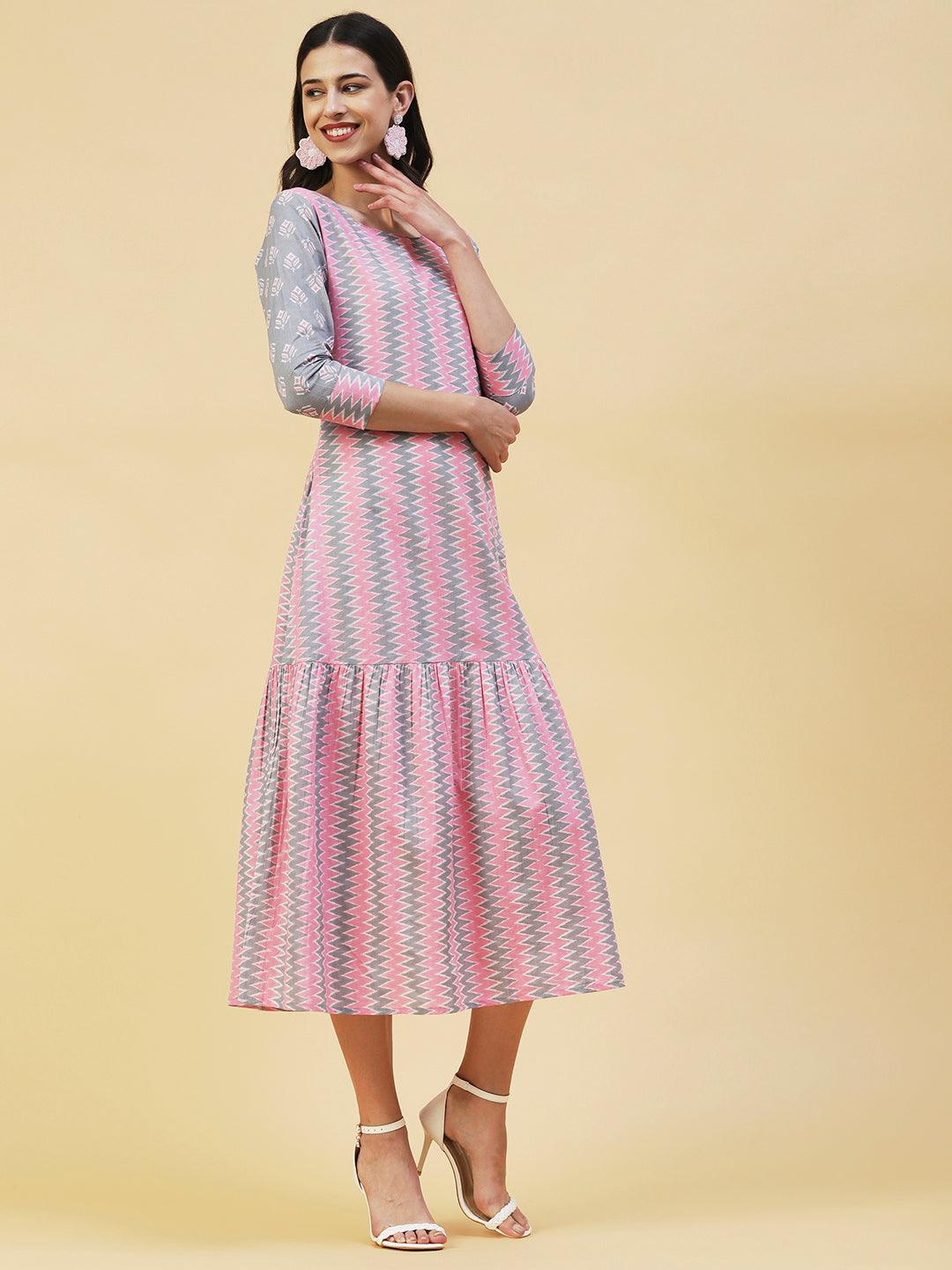 Chevron Printed A-Line Midi Dress with Long A-Line Jacket - Multi - Indiakreations