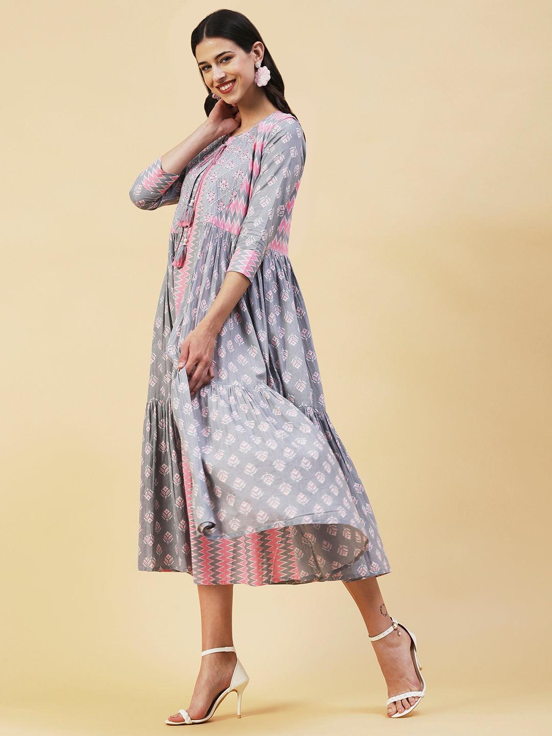 Chevron Printed A-Line Midi Dress with Long A-Line Jacket - Multi - Indiakreations