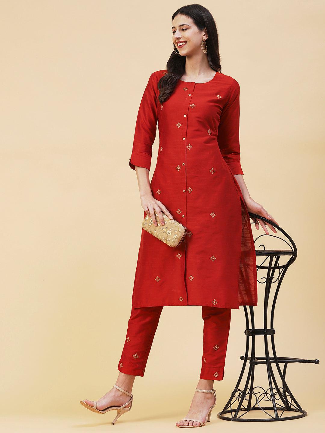 Solid Ethnic Embroidered Straight Fit Kurta with Pant - Rust - Indiakreations