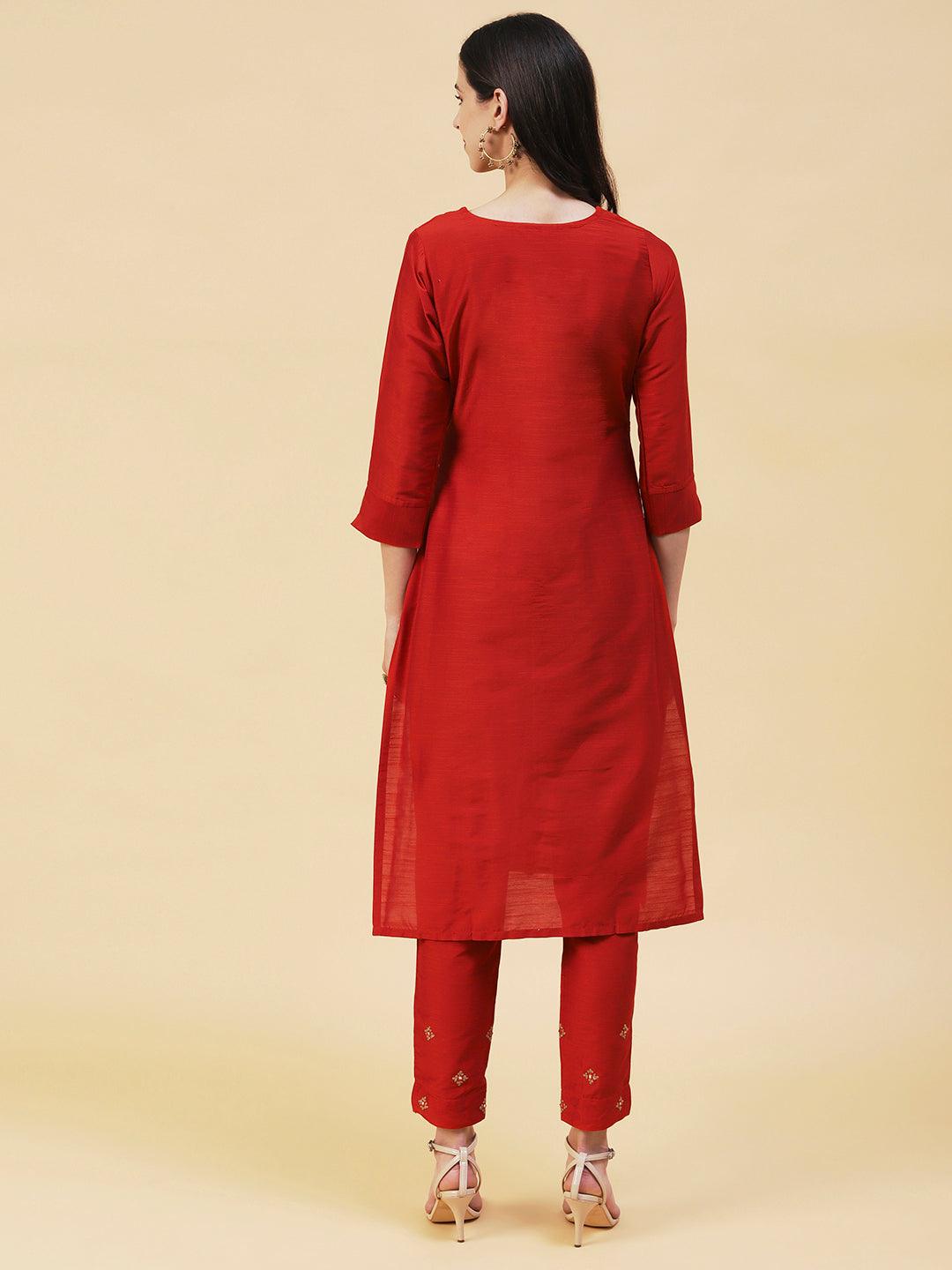 Solid Ethnic Embroidered Straight Fit Kurta with Pant - Rust - Indiakreations