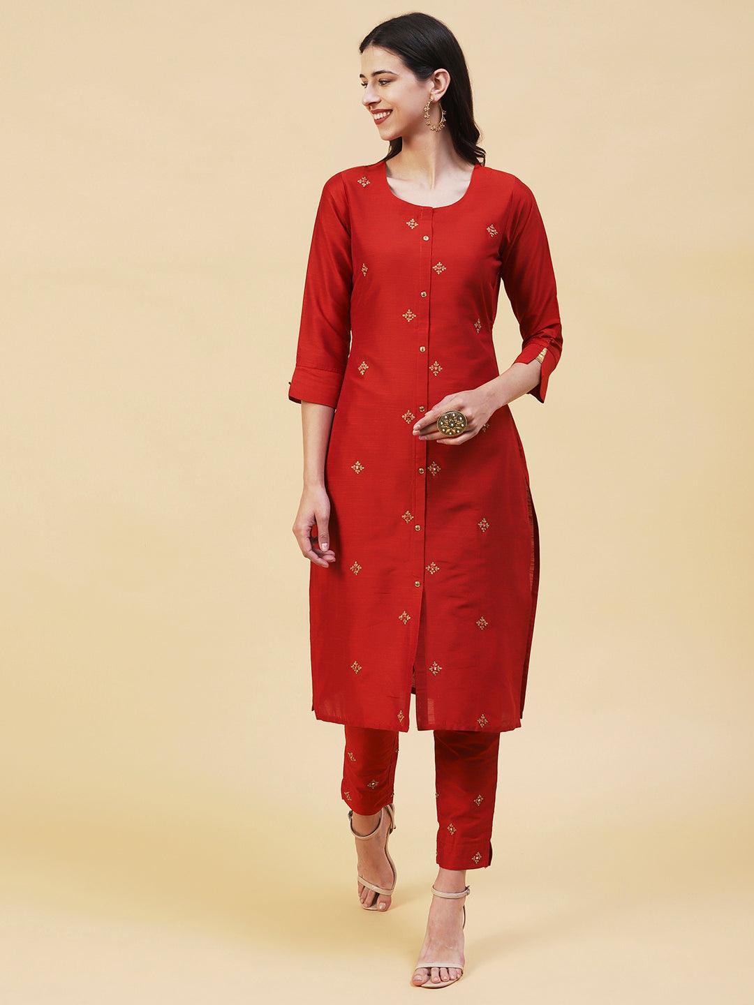 Solid Ethnic Embroidered Straight Fit Kurta with Pant - Rust - Indiakreations