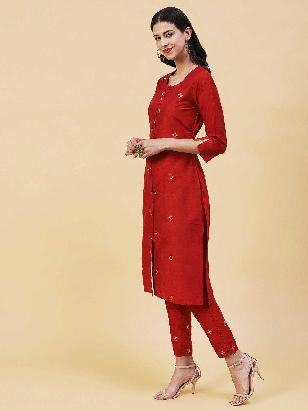 Solid Ethnic Embroidered Straight Fit Kurta with Pant - Rust - Indiakreations