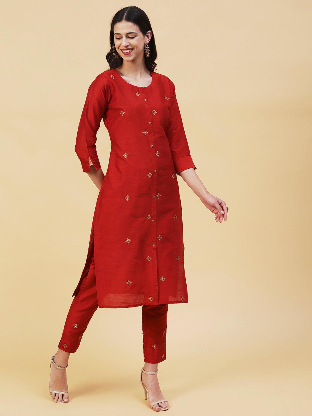 Solid Ethnic Embroidered Straight Fit Kurta with Pant - Rust - Indiakreations