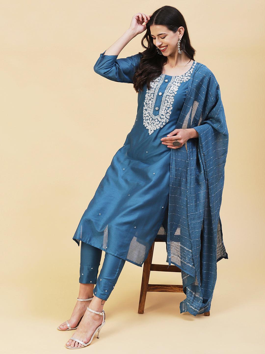 Ethnic Hand Embroidered Straight Fit Kurta with Pant & Dupatta - Teal Blue - Indiakreations