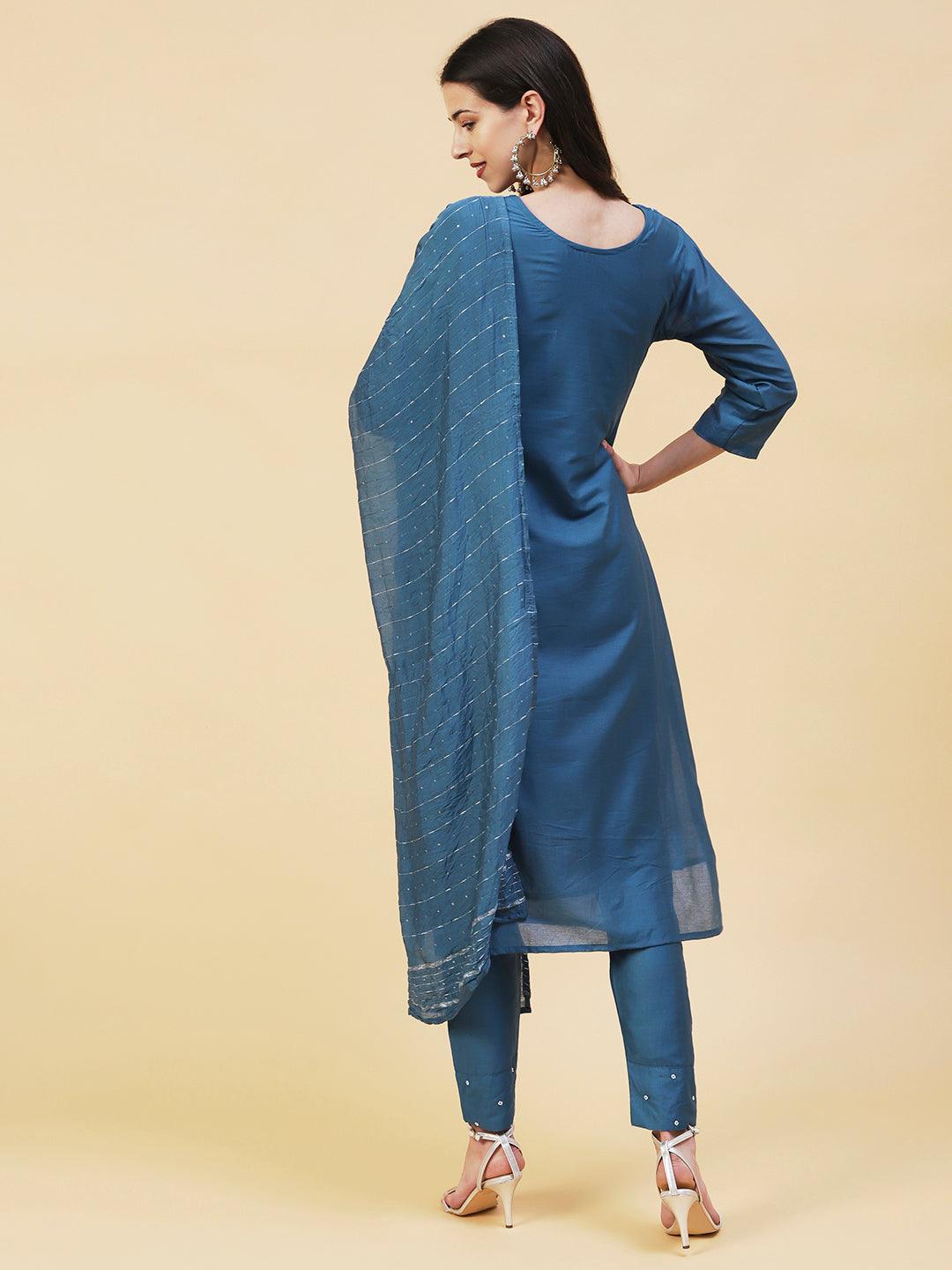 Ethnic Hand Embroidered Straight Fit Kurta with Pant & Dupatta - Teal Blue - Indiakreations