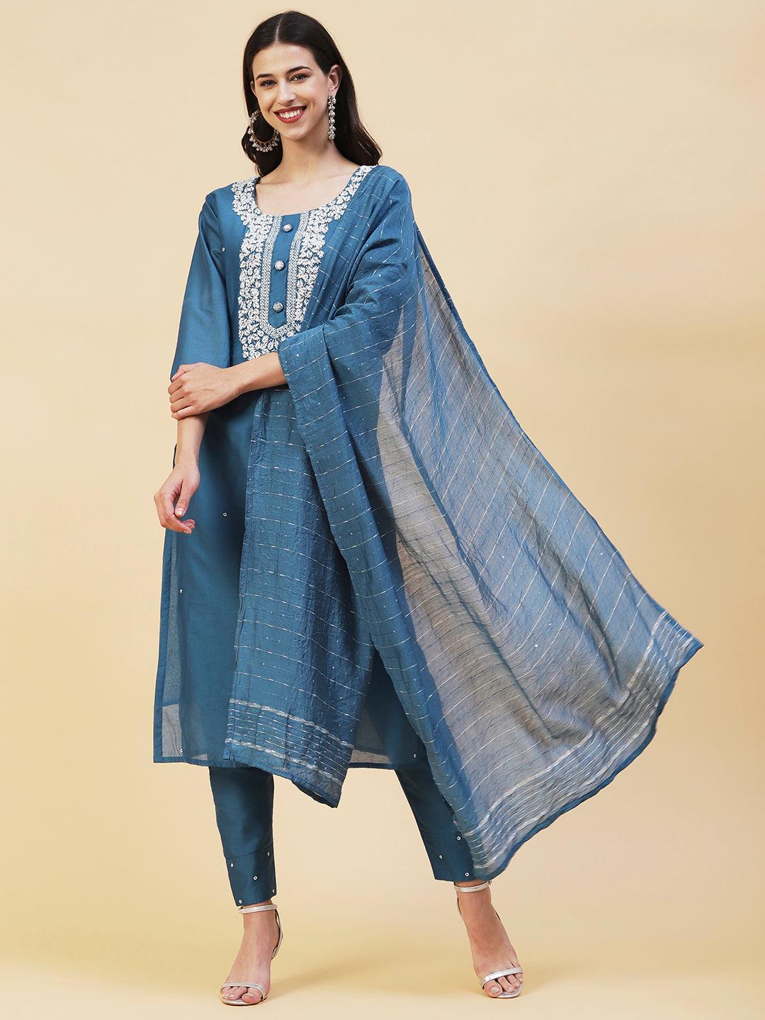 Ethnic Hand Embroidered Straight Fit Kurta with Pant & Dupatta - Teal Blue - Indiakreations