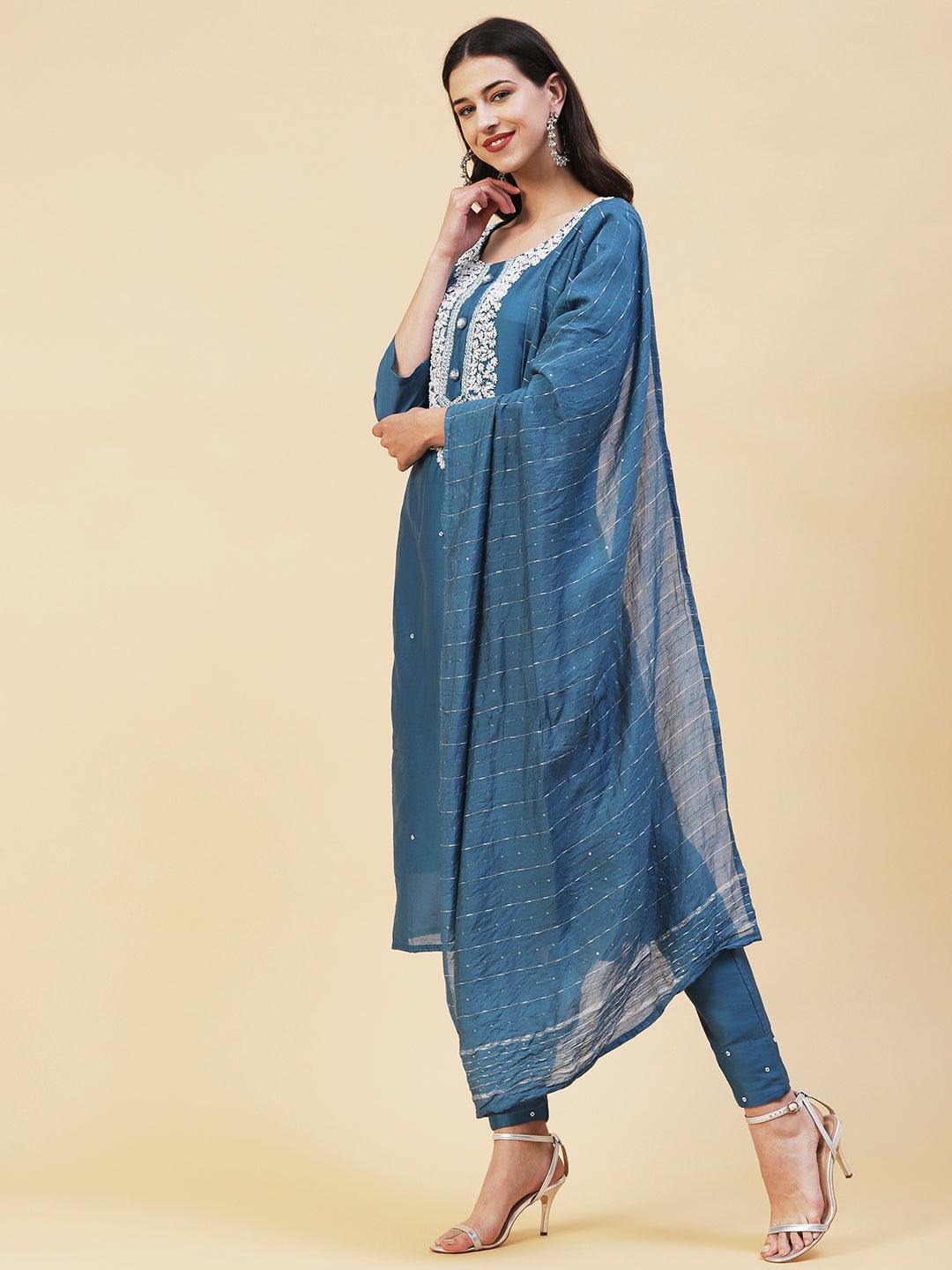 Ethnic Hand Embroidered Straight Fit Kurta with Pant & Dupatta - Teal Blue - Indiakreations