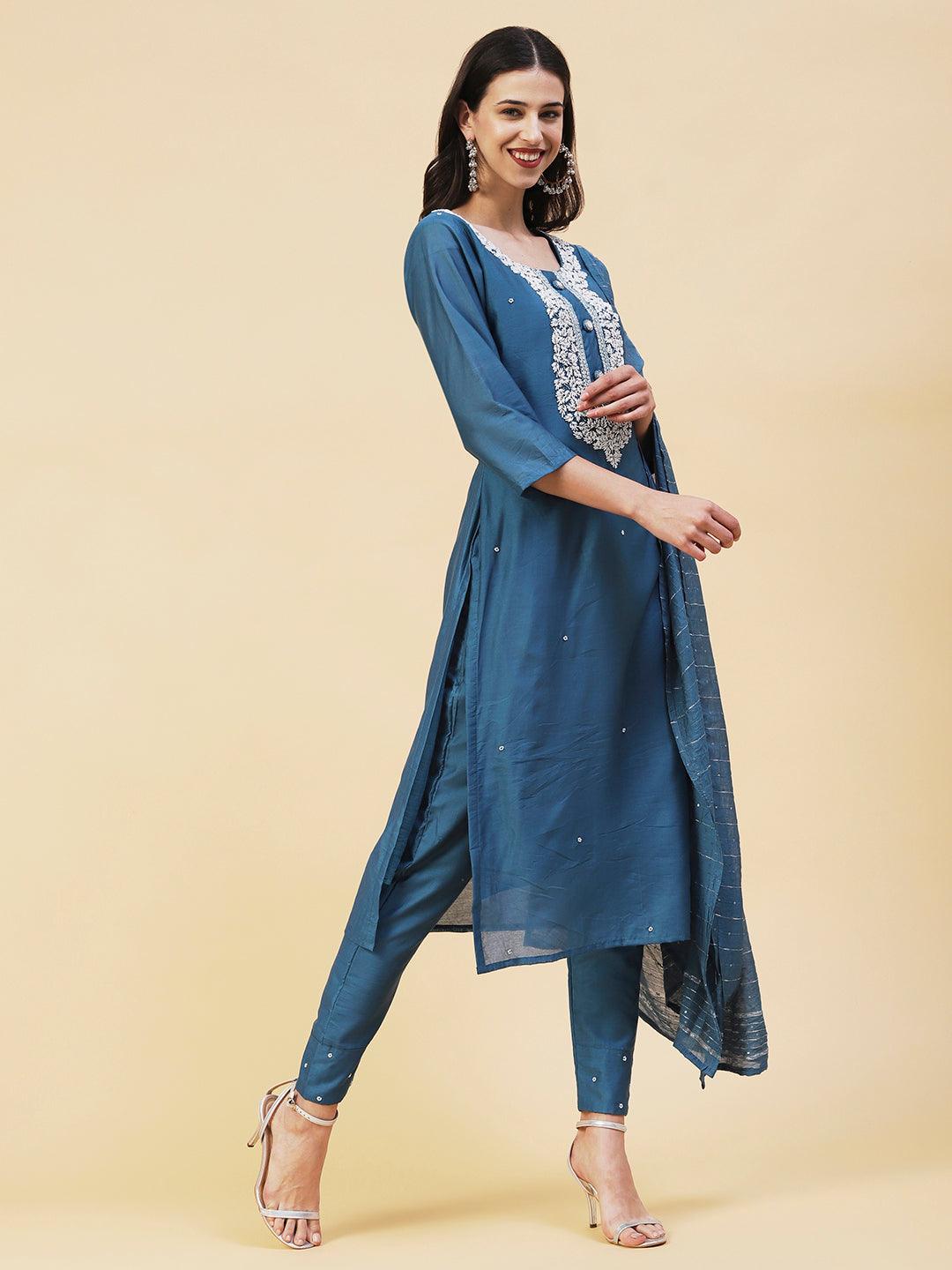 Ethnic Hand Embroidered Straight Fit Kurta with Pant & Dupatta - Teal Blue - Indiakreations