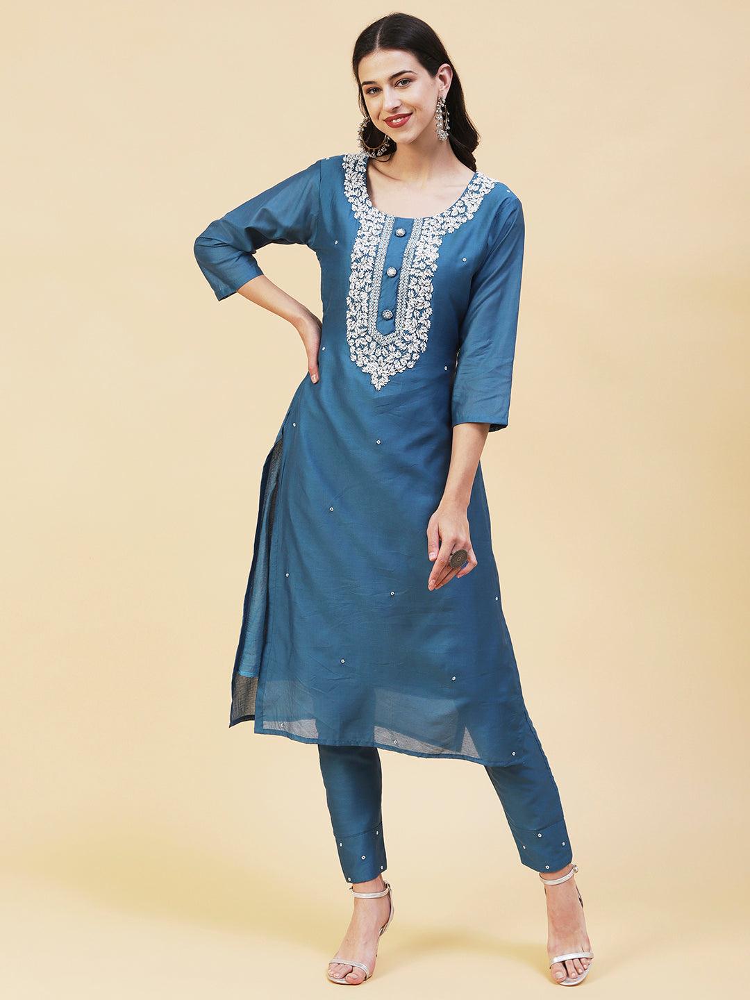 Ethnic Hand Embroidered Straight Fit Kurta with Pant & Dupatta - Teal Blue - Indiakreations