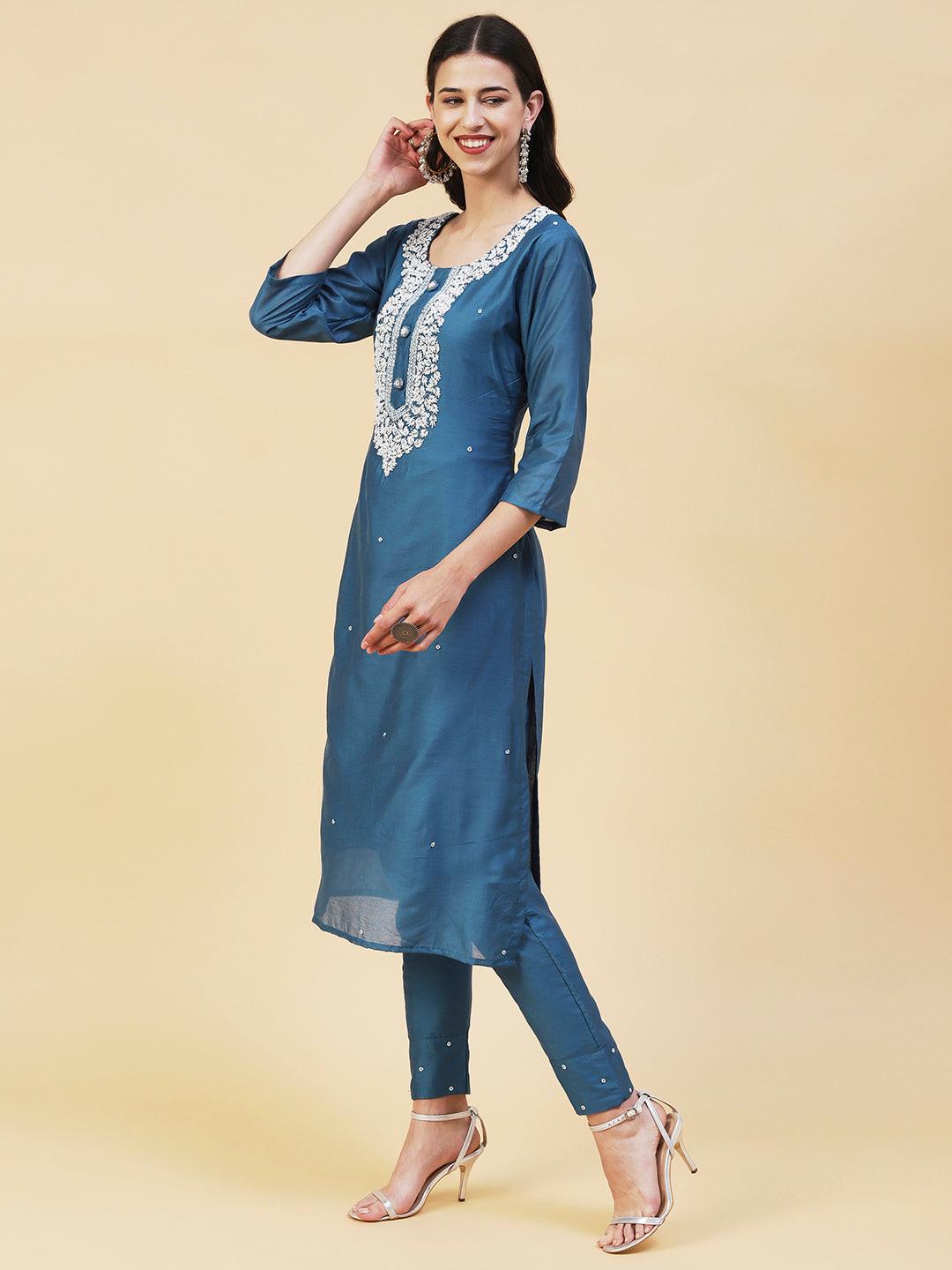 Ethnic Hand Embroidered Straight Fit Kurta with Pant & Dupatta - Teal Blue - Indiakreations