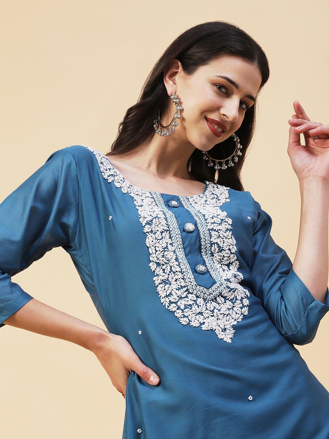 Ethnic Hand Embroidered Straight Fit Kurta with Pant & Dupatta - Teal Blue - Indiakreations