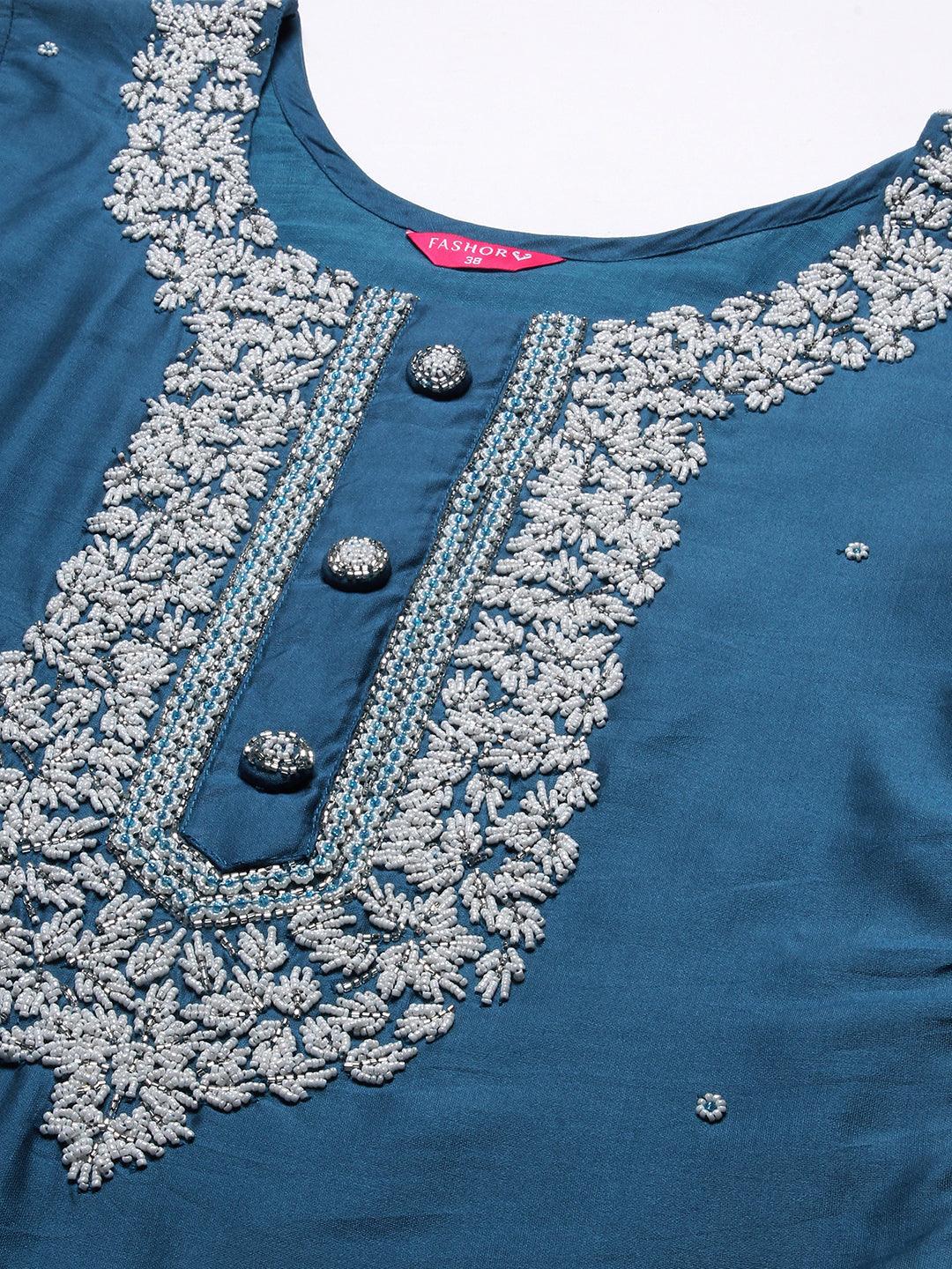 Ethnic Hand Embroidered Straight Fit Kurta with Pant & Dupatta - Teal Blue - Indiakreations