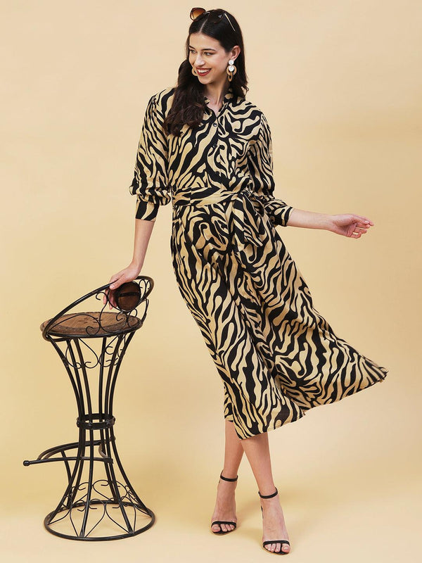 Zebra Printed A-line Belted Midi Dress - Black & Cream - Indiakreations