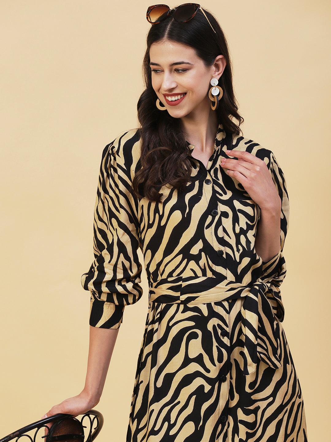 Zebra Printed A-line Belted Midi Dress - Black & Cream - Indiakreations