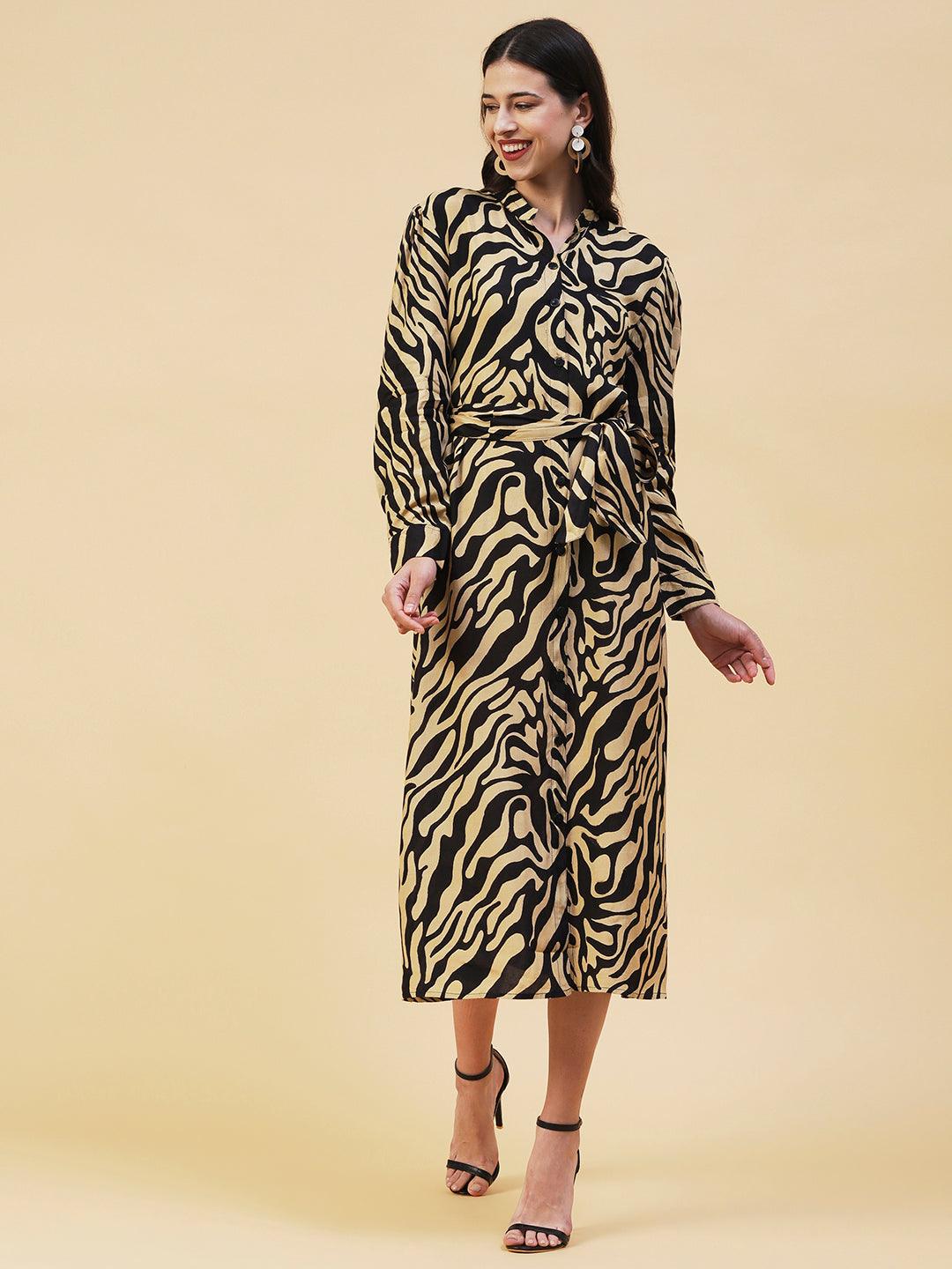 Zebra Printed A-line Belted Midi Dress - Black & Cream - Indiakreations