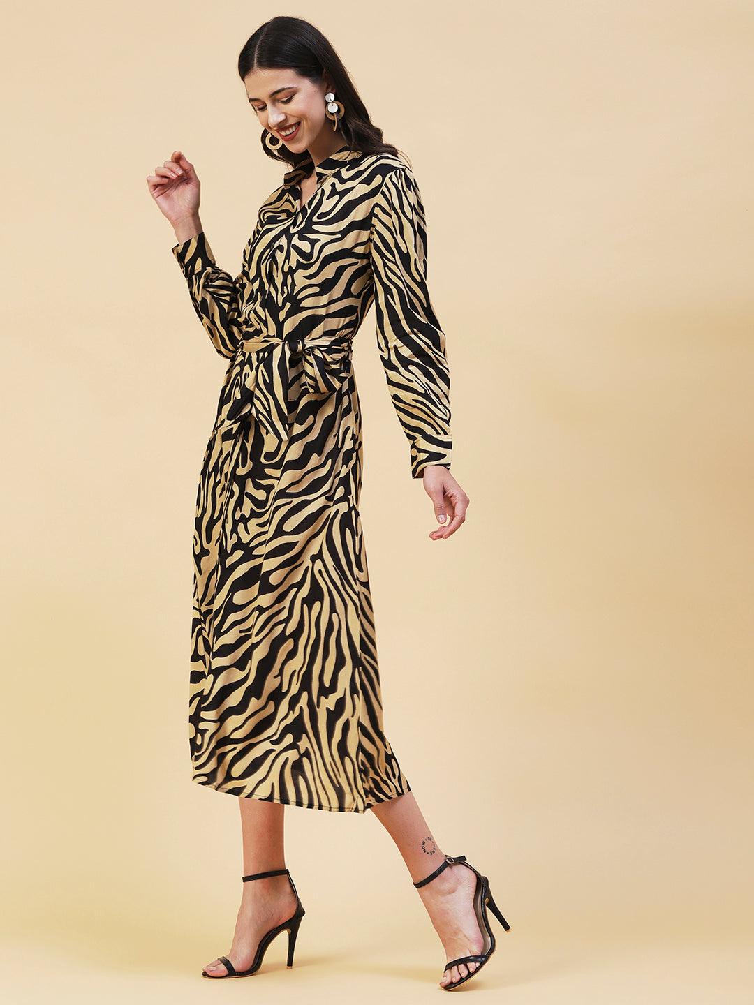 Zebra Printed A-line Belted Midi Dress - Black & Cream - Indiakreations