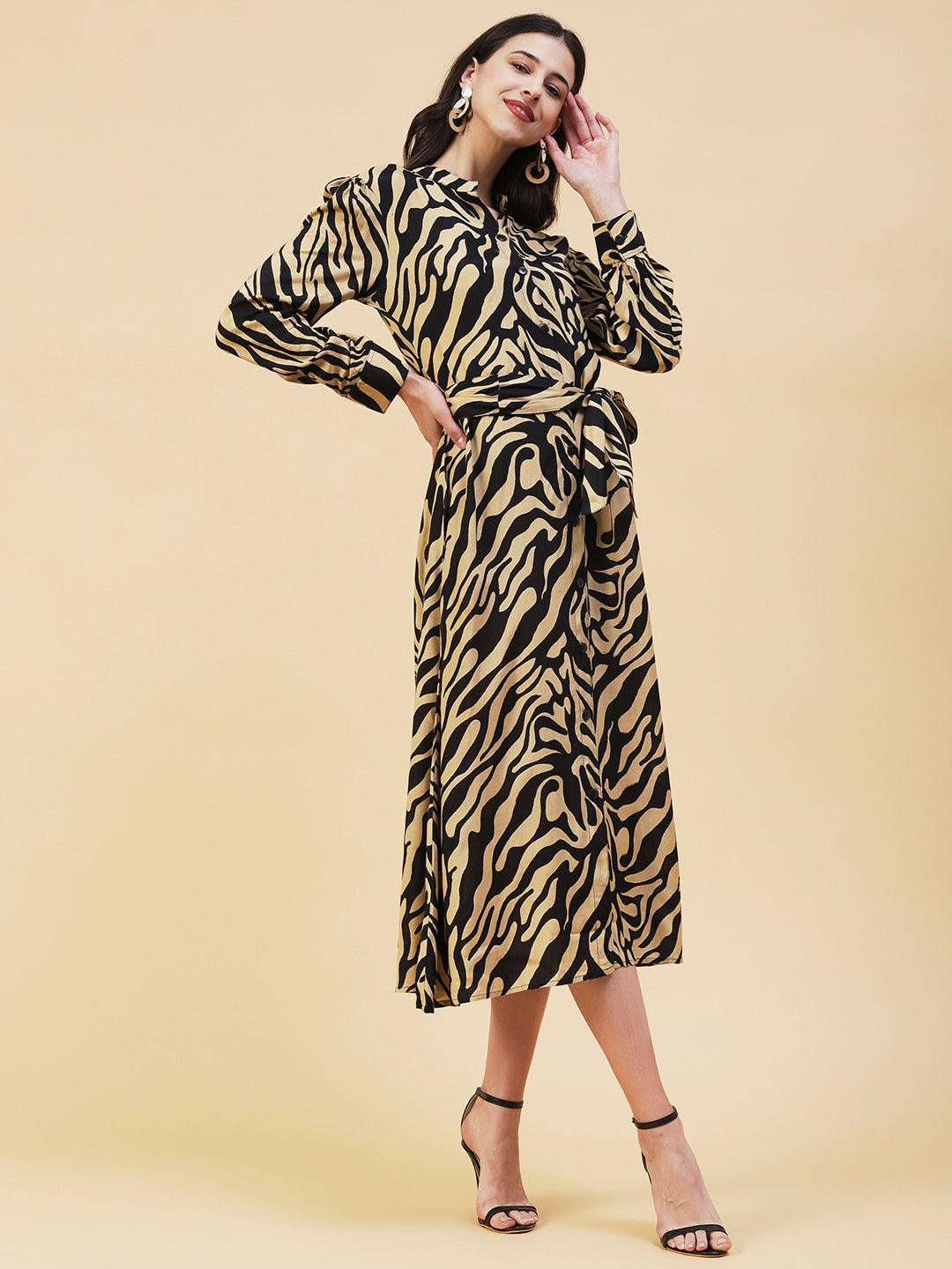 Zebra Printed A-line Belted Midi Dress - Black & Cream - Indiakreations