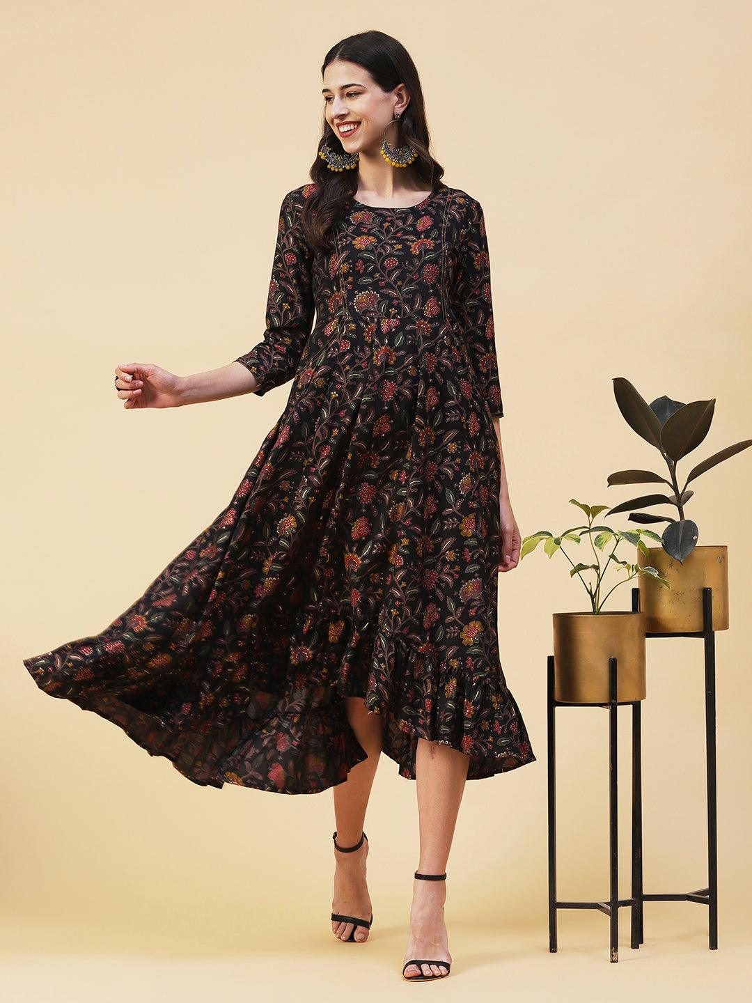 Floral Printed Paneled High Low Hem Maxi Dress - Black - Indiakreations