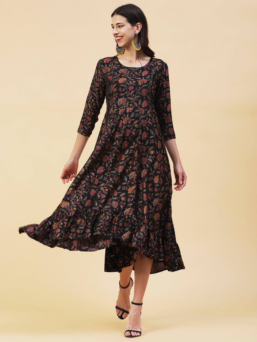 Floral Printed Paneled High Low Hem Maxi Dress - Black - Indiakreations