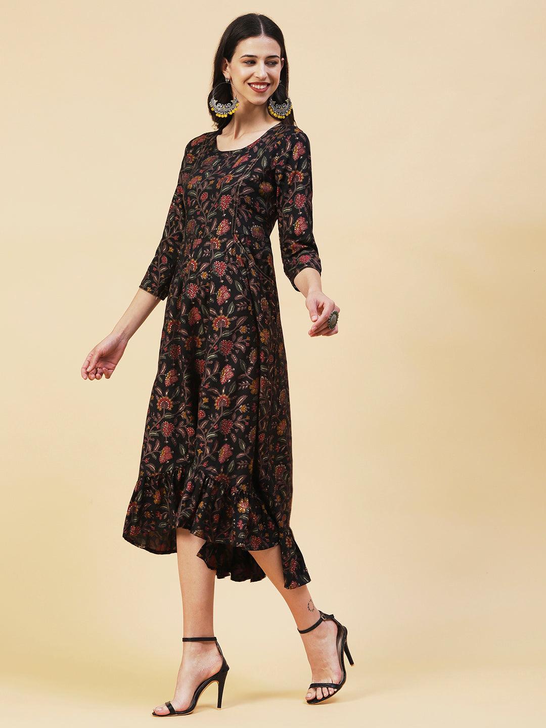 Floral Printed Paneled High Low Hem Maxi Dress - Black - Indiakreations