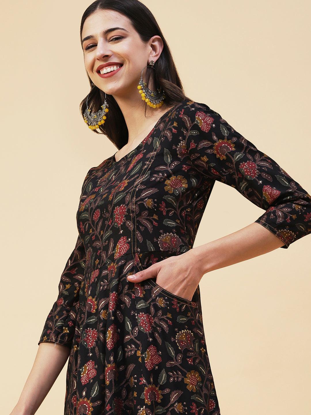 Floral Printed Paneled High Low Hem Maxi Dress - Black - Indiakreations