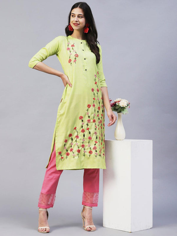 Solid Resham & Sequins Embroidered Floral Kurta - Lime Green - Indiakreations