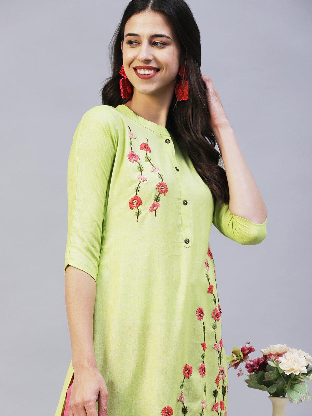 Solid Resham & Sequins Embroidered Floral Kurta - Lime Green - Indiakreations