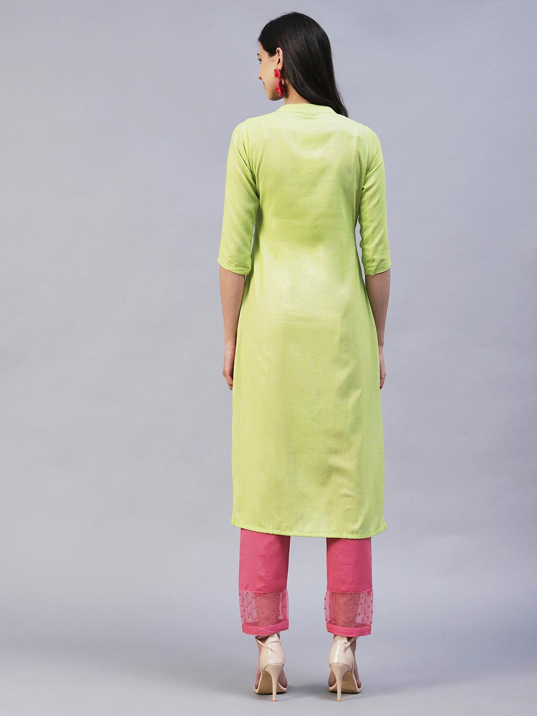 Solid Resham & Sequins Embroidered Floral Kurta - Lime Green - Indiakreations