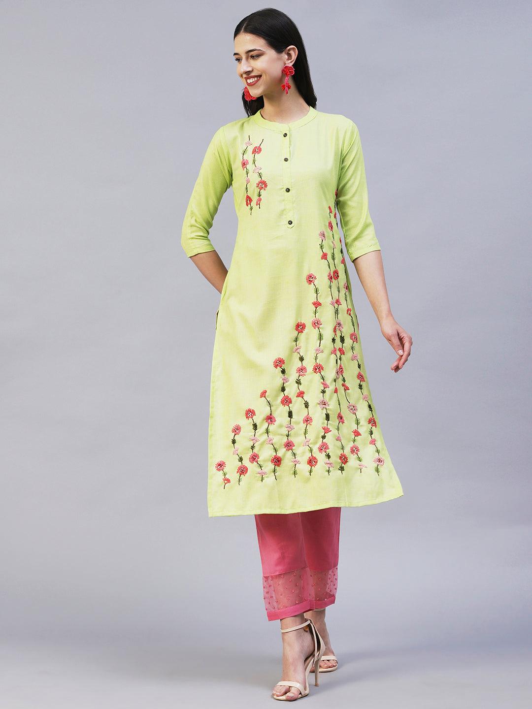 Solid Resham & Sequins Embroidered Floral Kurta - Lime Green - Indiakreations