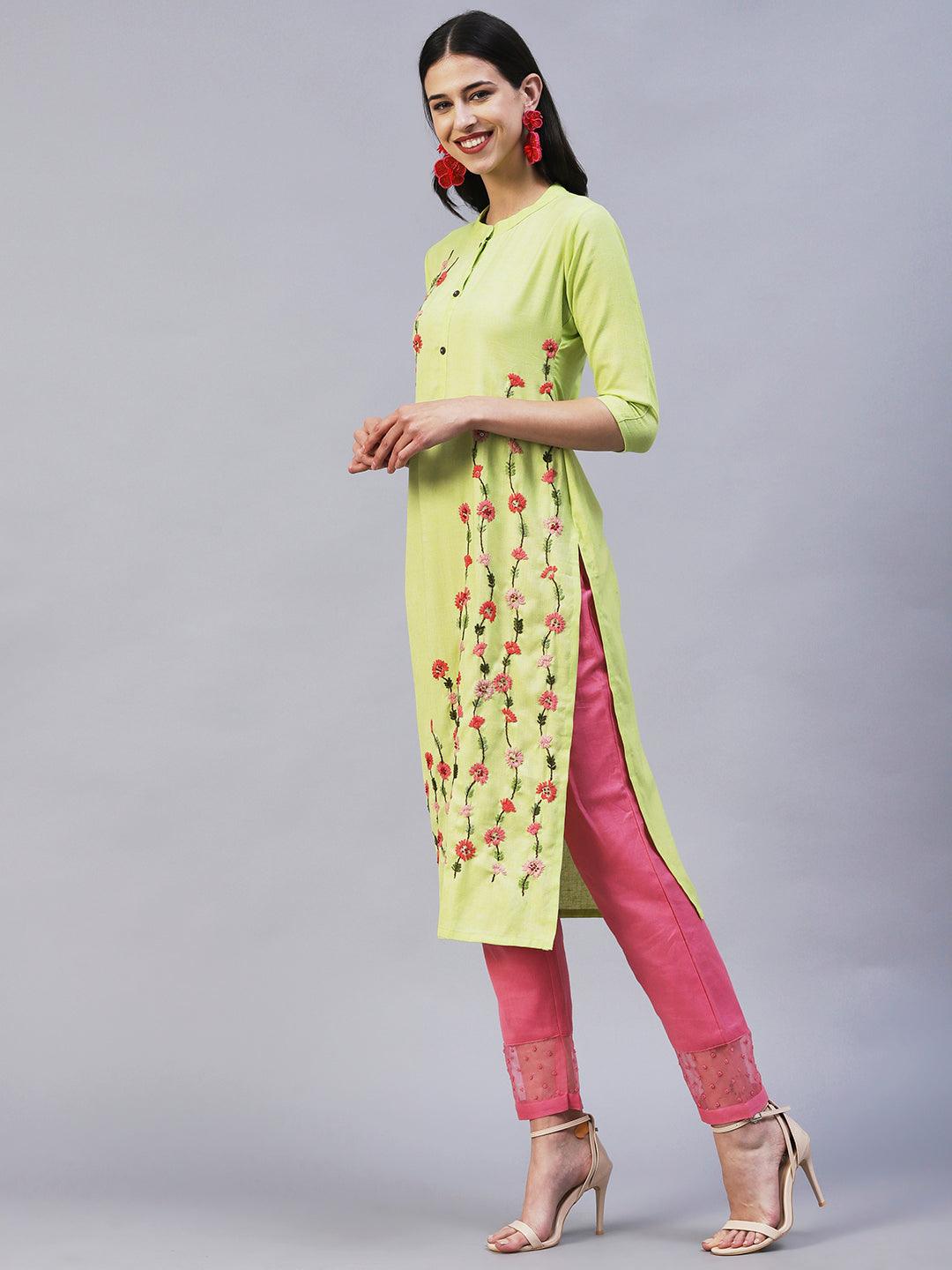 Solid Resham & Sequins Embroidered Floral Kurta - Lime Green - Indiakreations