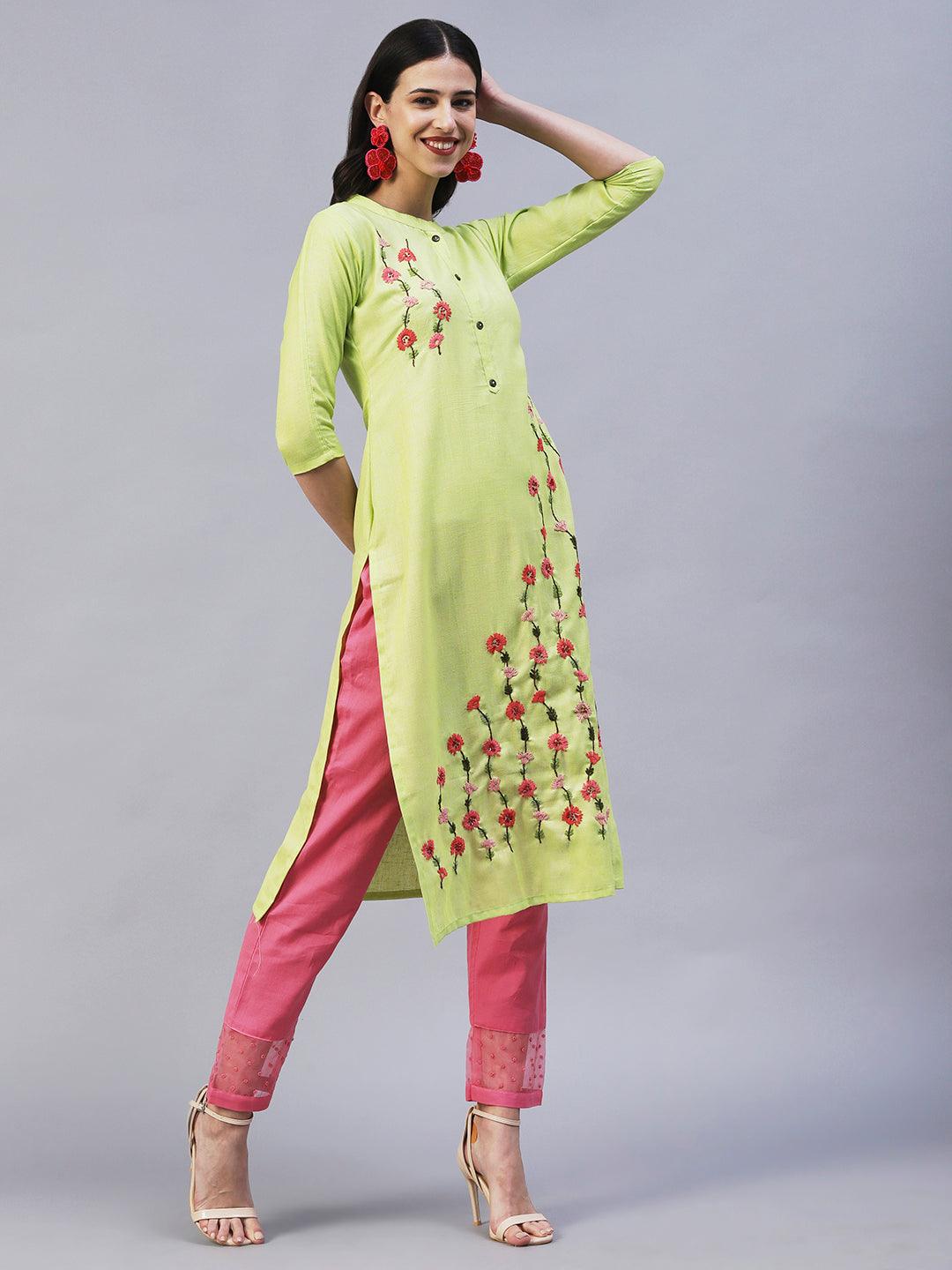 Solid Resham & Sequins Embroidered Floral Kurta - Lime Green - Indiakreations