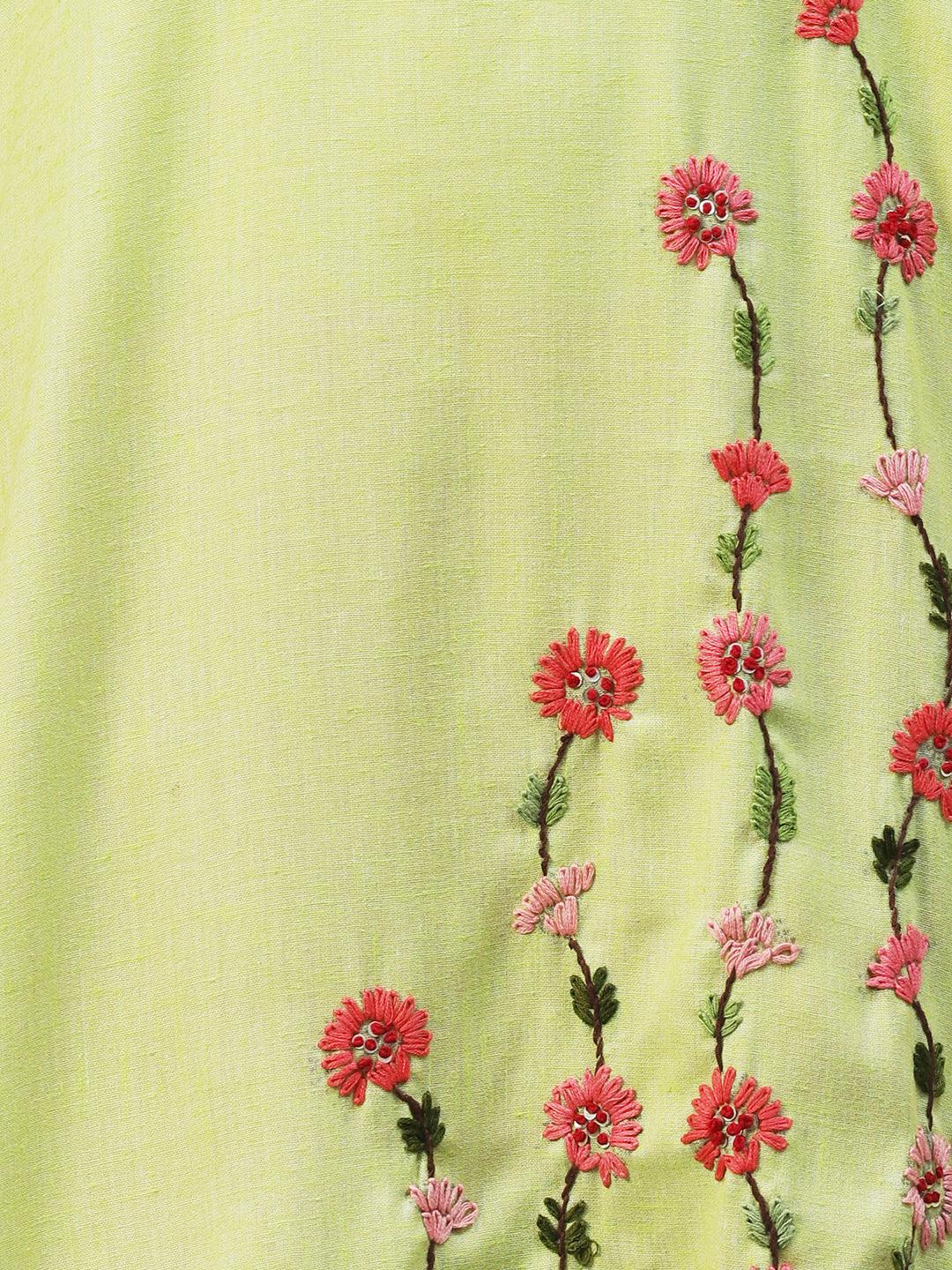 Solid Resham & Sequins Embroidered Floral Kurta - Lime Green - Indiakreations