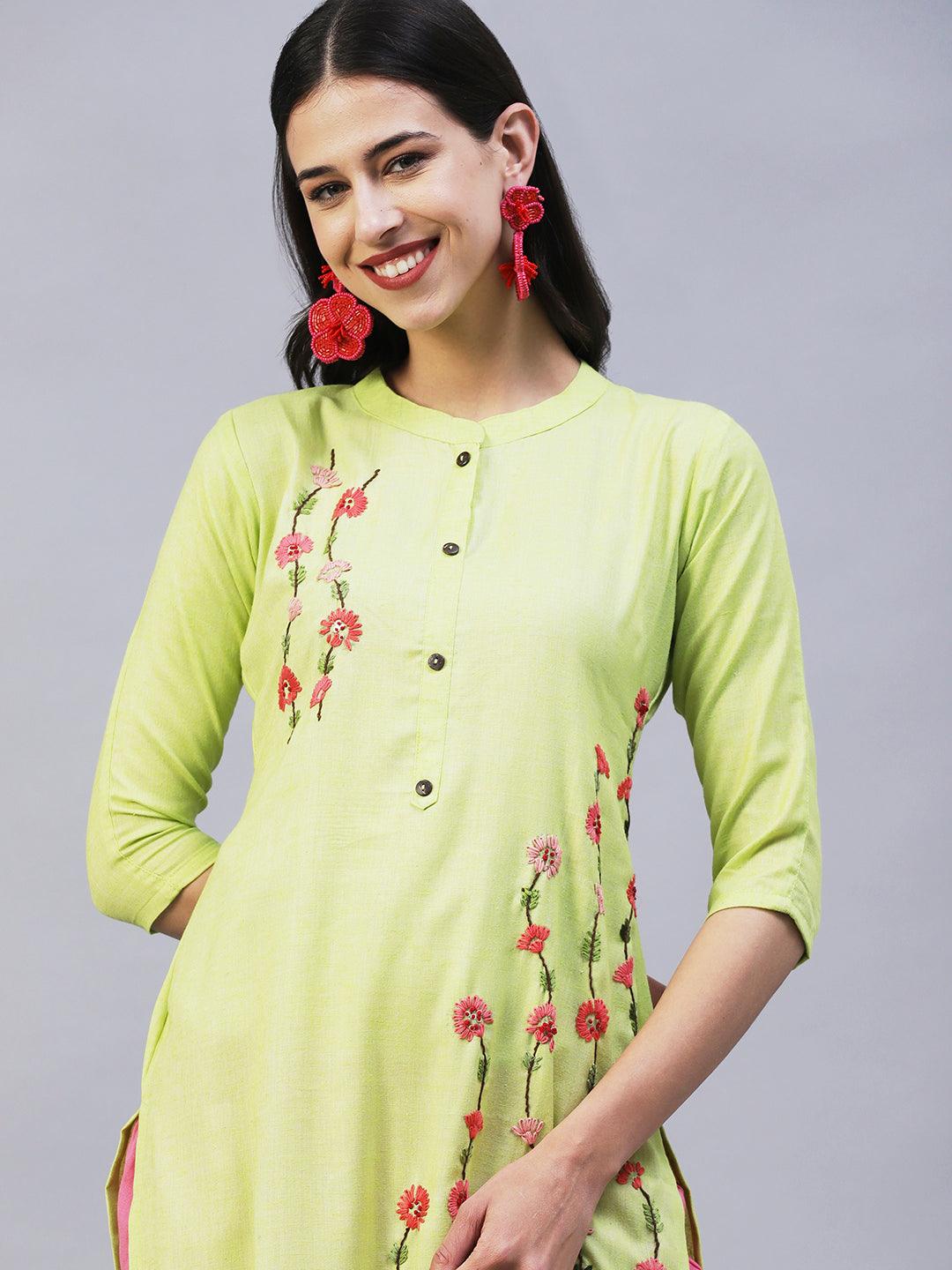 Solid Resham & Sequins Embroidered Floral Kurta - Lime Green - Indiakreations